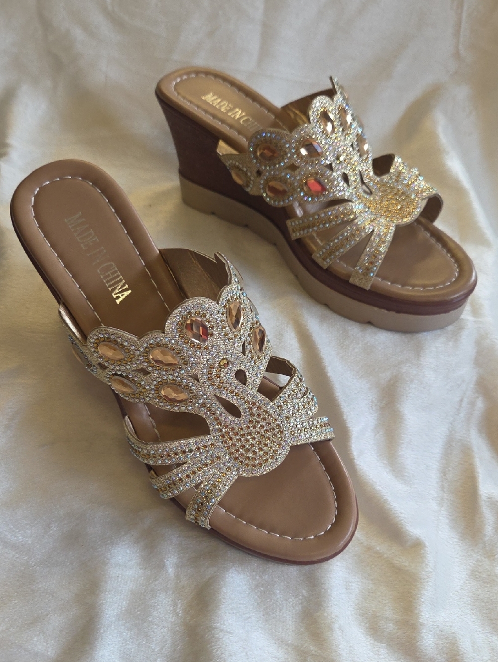Gold Rhinestone Wedge Sandals -